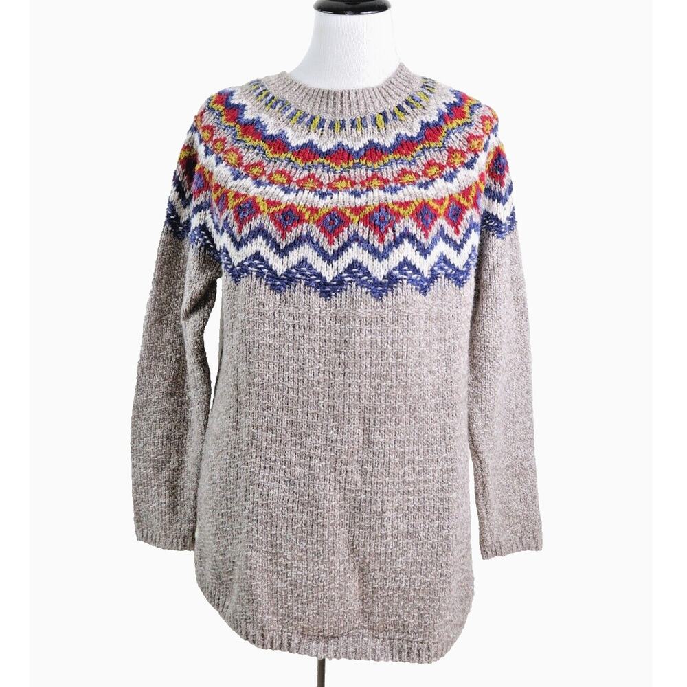 J Jill Size M Fair Isle Sweater Cotton Blend Pullover Light Brown - Picture 2 of 10